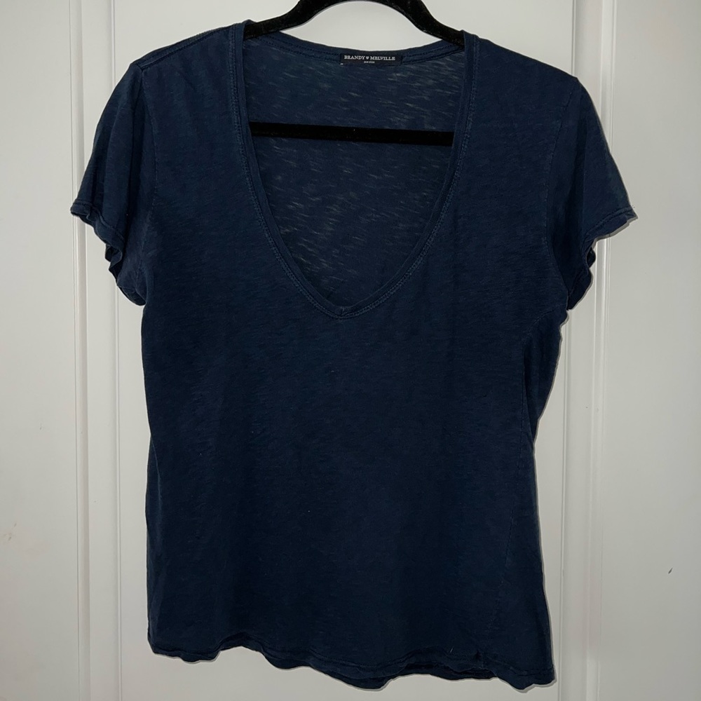 Brandy Melville Navy Blue V Neck Tee, One Size